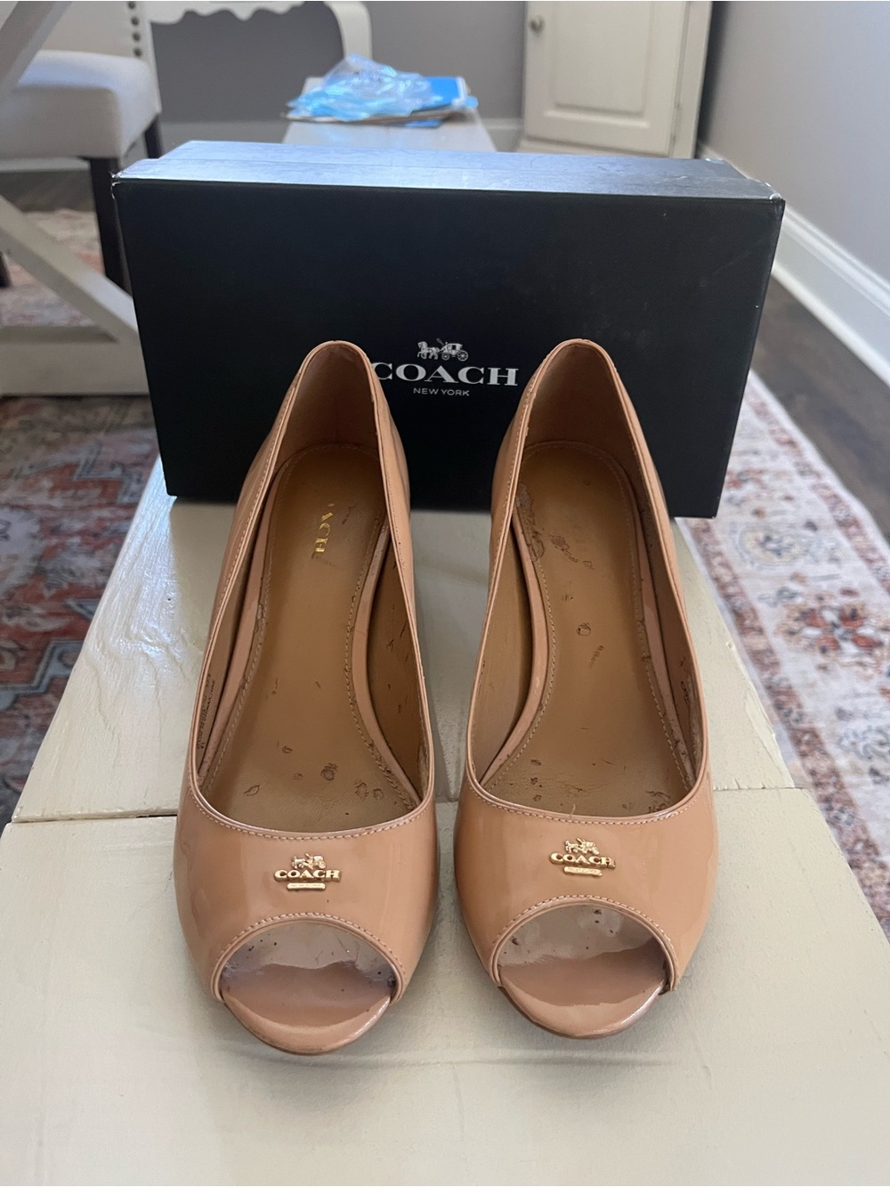 Coach Patent Peep-Toe Pumps in Nude Tan